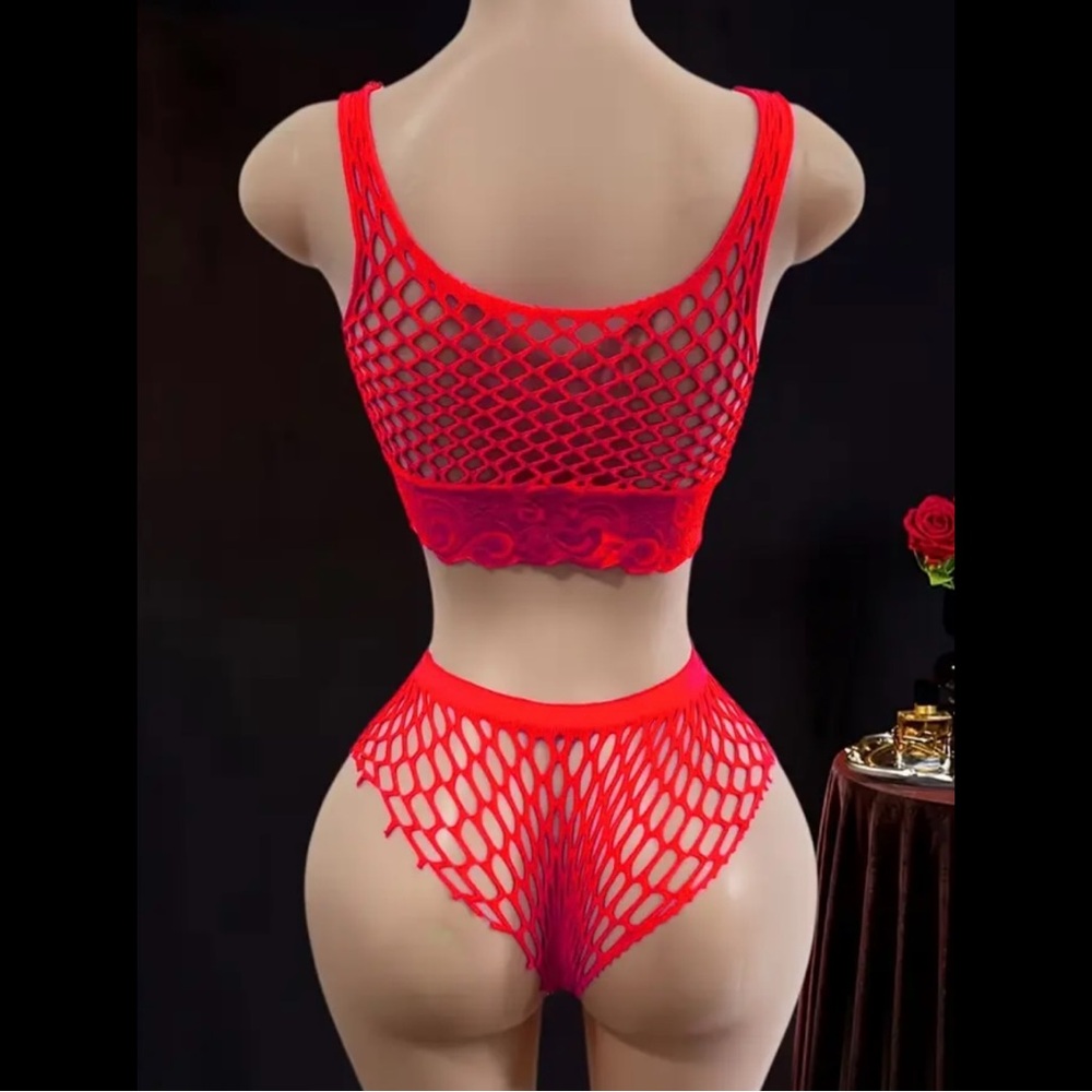 Red, Fishnet, Lingerie Set - Picture 2 of 6